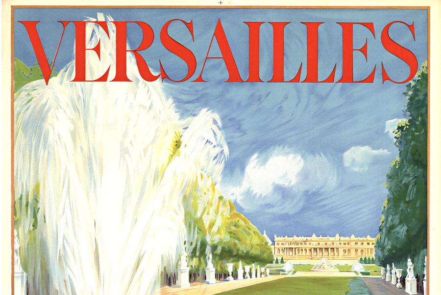 Versailles Le Château, original lithograph by Milliere Maurice, c. 1936. Size: 24.5" x 39.5". Acid free archival linen backing; this poster is in excellent condition and ready to frame. <br> <br>Original Versailles Le Château vintage travel poste