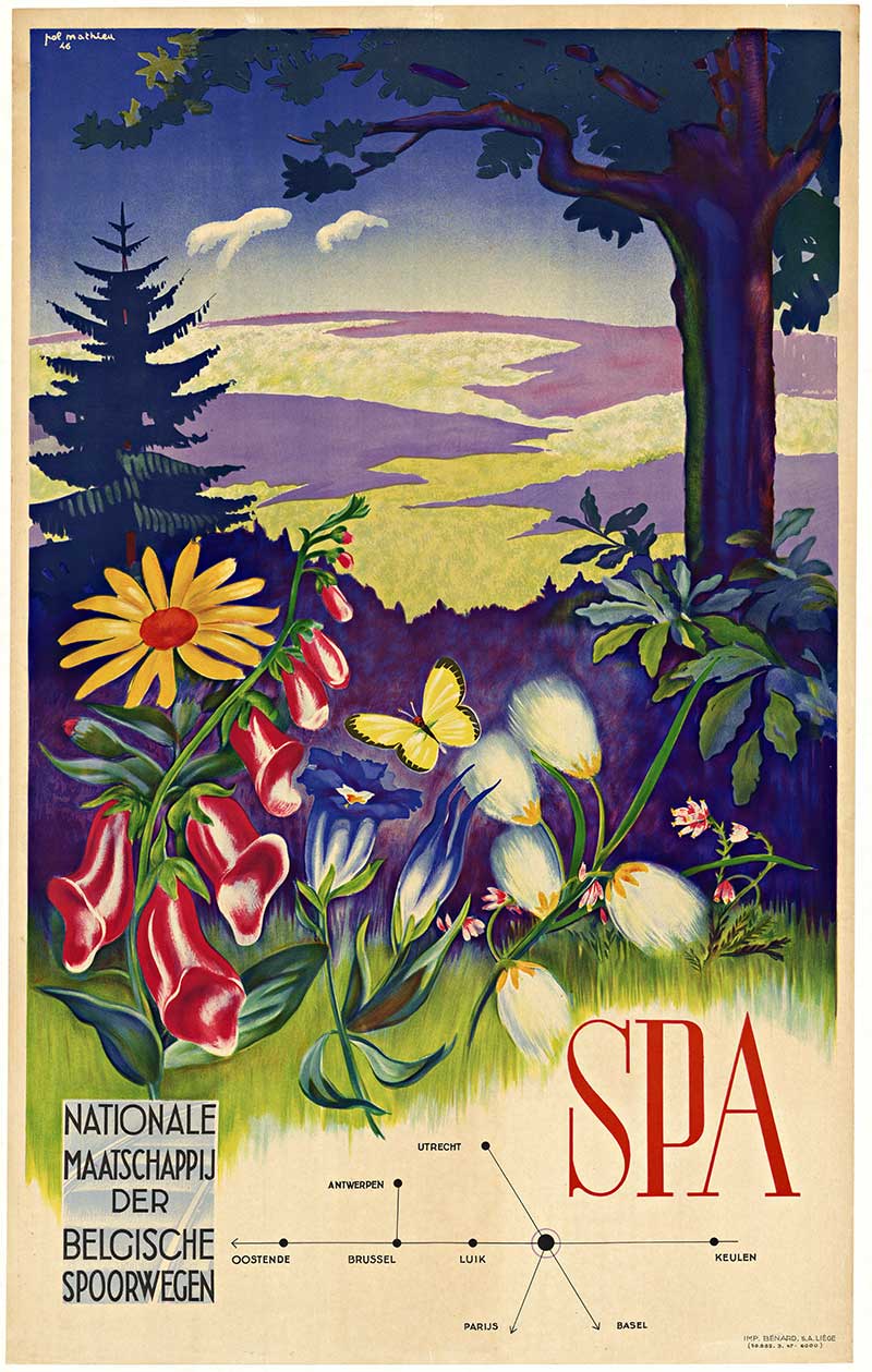flowers on a hillside, trees, valley view, travel poster, Spa, Belgium, linen backed, original poster