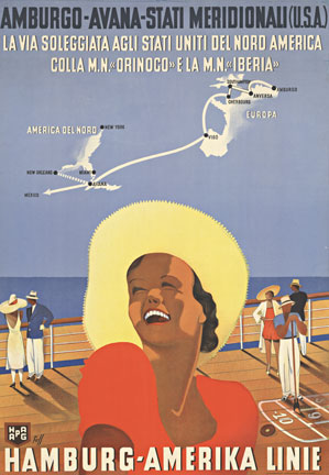 woman, ship deck, travel on cruise, German, linen backed, original poster, fine condition.