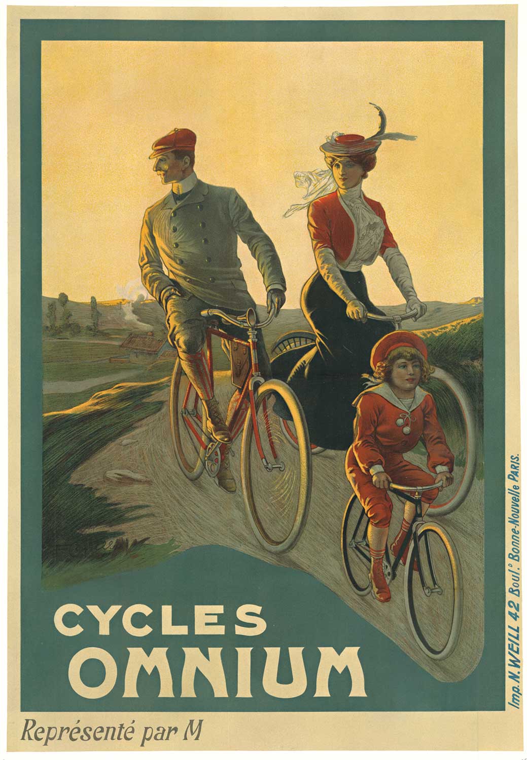 Original Cycles Omnium antique vintage French bicycle poster from the late 1880's - 1890's. Printer: N. Weill, Paris, France. Archival linen backed and ready to frame. There was an area in the right hand sky (creamish yellow) top area that has had 