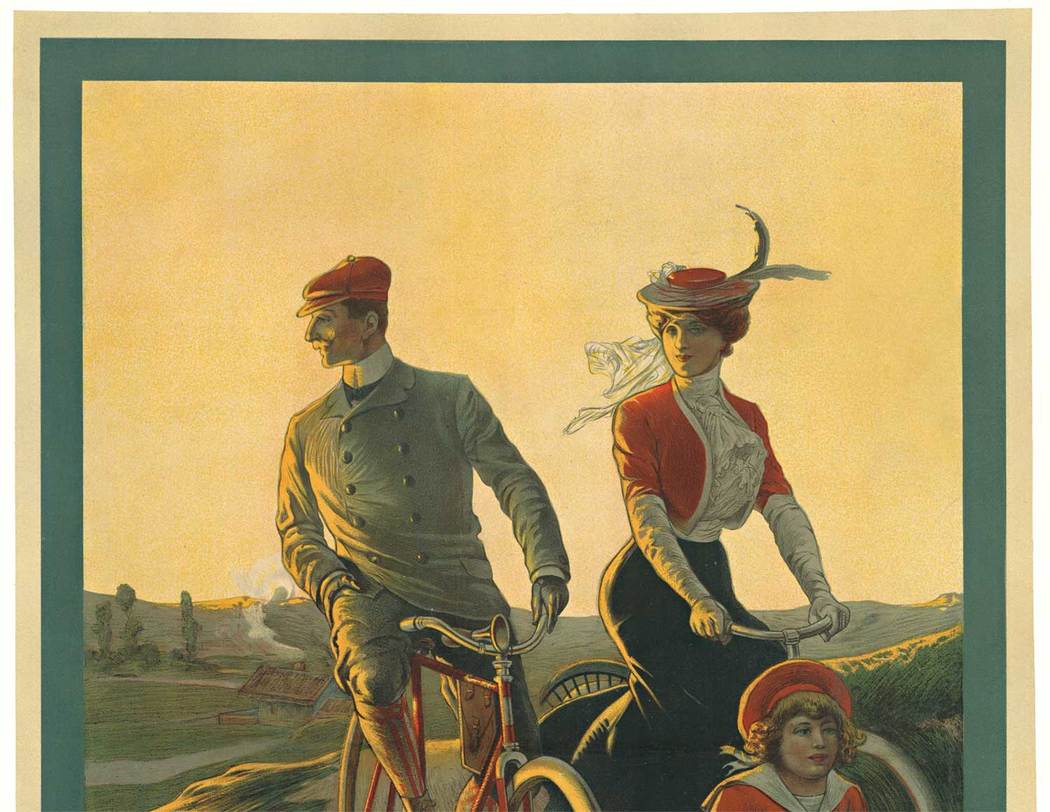 Original Cycles Omnium antique vintage French bicycle poster from the late 1880's - 1890's. Printer: N. Weill, Paris, France. Archival linen backed and ready to frame. There was an area in the right hand sky (creamish yellow) top area that has had 