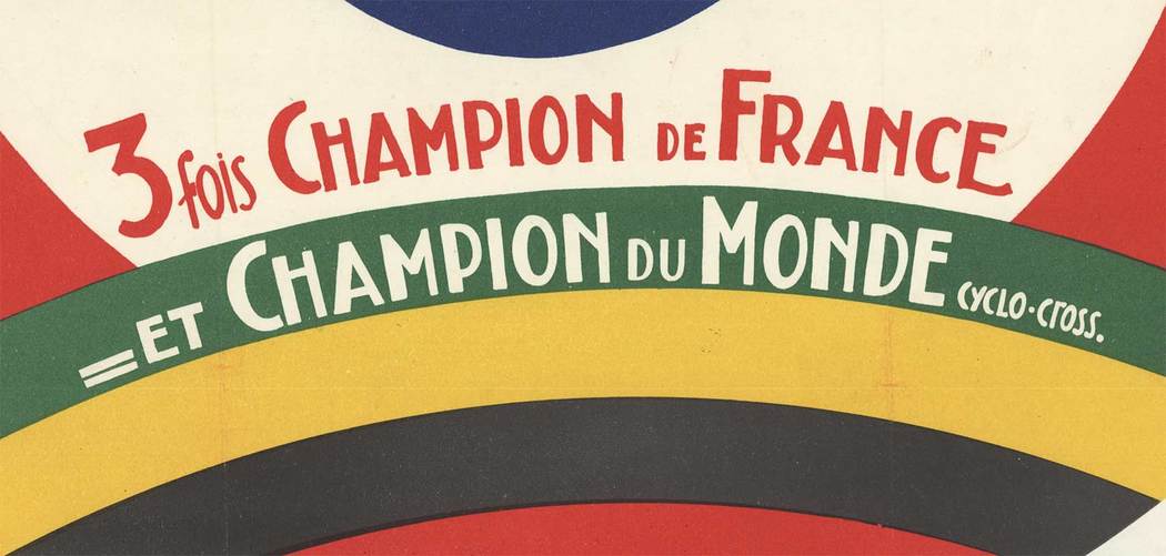 Linen backed round vintage bicycle racing poster Terrot 1952;(Terrot-Hutchinson) 3 fois Champion de France et Champion du Monde. The image features: Adolphe Deledda (1919 -?) ; Roger Rondeaux (1920-1999) and Andre Lesca (1927-?). Affiche Palmarès