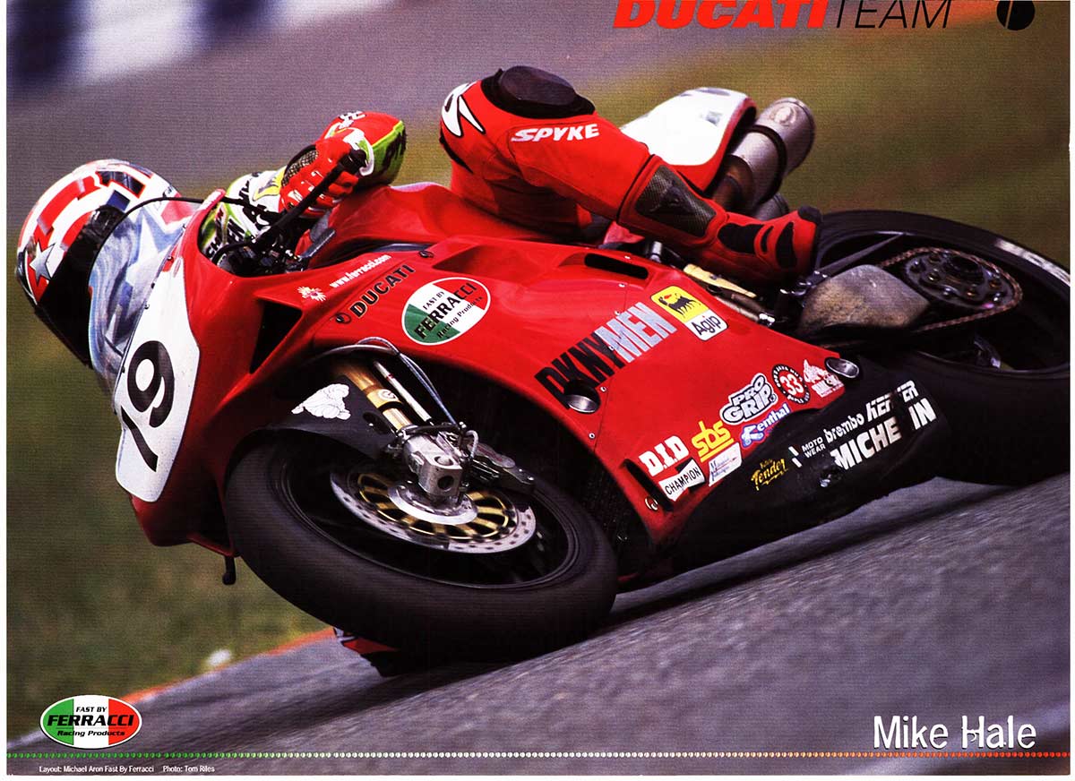Rare Ducati Team racing poster featuring Mike Hale. Photo by Tom Riles. Produced by Fast By Ferracci Racing Products.