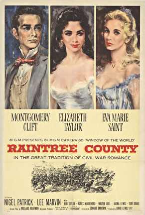 Montogomery Cliff and Elizabeth Taylor in Raintree Country. Looks like a traingular love affair movie.
