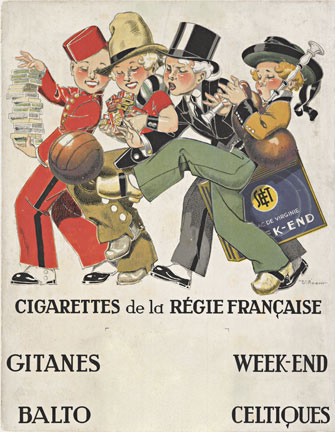 Cigarettes de la Regie Francaise, Stone Lithograph, Rene Vincent, 1933, Celtiqus, Original Vintage Poster, Gitanes, Balto, Men Walking in a Line, Cigarettes
