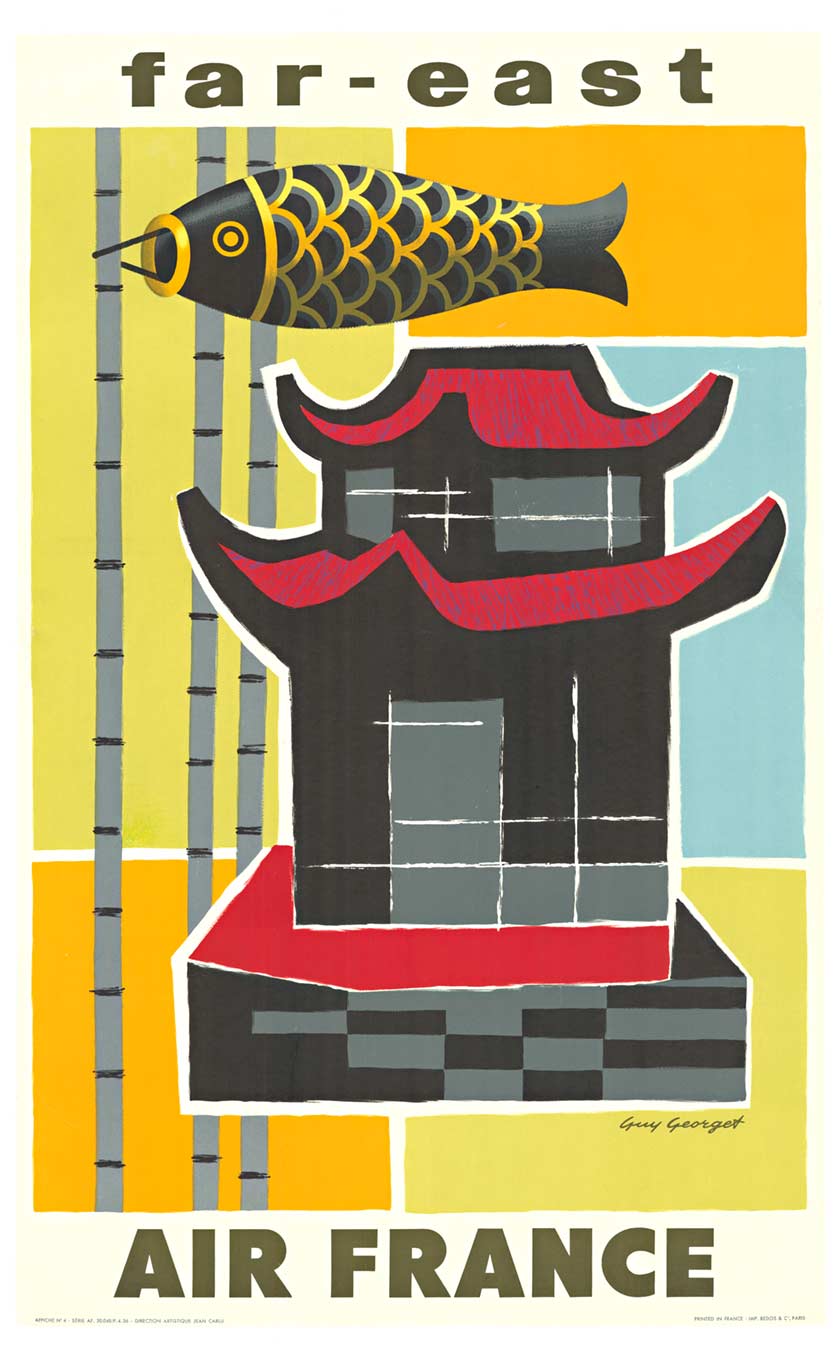 Air France original poster to Far-East, fish, japanese building, pagoda,