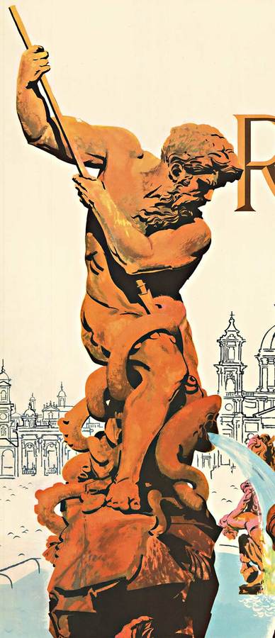 Original linen backed vintage travel poster: ROME via TWA. TWA Trans World Airlines. Lockheed Constellation flying over the statue of Poseidon (Neptune) Statue, Piazza Navona, Rome. Excellent condition; bright and vibrant colors. What is nice a