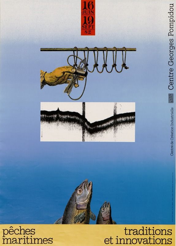 Origiinal Pêches maritimes exhibition poster held at the Centre Georges Pompidou, 16 June 1982 - 19 September 1982. This exhibition on Marine fisheries; traditions and innovations, demonstrates that fishery is a rapidly changing industry. With the de
