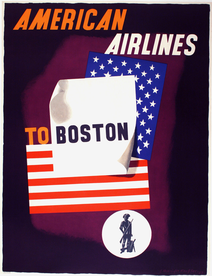American Airlines Boston, artist: Edward McKnight Kauffer, size: 30" x 40"; year: 1953. Archival linen backed authentic American travel poster. The Vintage Poster for original antique vintage advertising lithographs. Ready to frame; no waiting