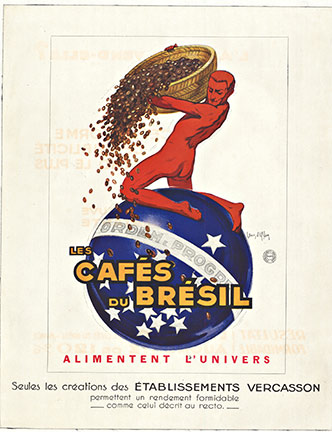 Jean D’ylen, Les CAFES du BRESIL, Stone Lithograph, Man pours coffee beans to universe, Coffee, Original Vintage Poster
