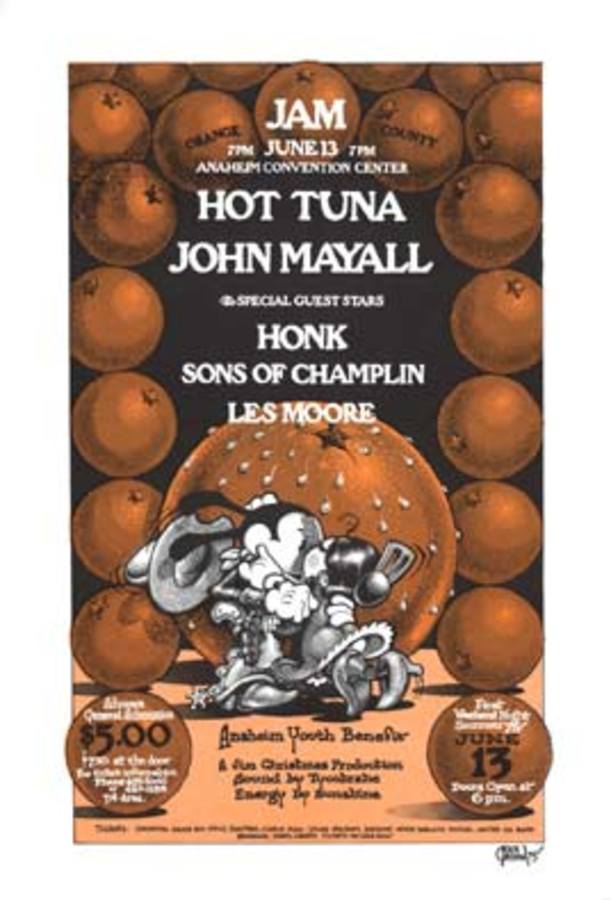 Original poster: JAM, Hot Tuna; John Mayall. Artist: Rick Griffin; Size: 15.5" x 23 1/8" <br> <br>Original 1st printing 15&1/2 x 23&1/8" concert poster for the 6/13/1975 Orange County Jam, held at the Anaheim Convention Center in Anaheim, CA and featu