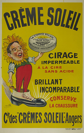 boy that looks like a sunflower standing inside a shoe. Original French poster, linen backed, excellent condition. Selling shoe cream.