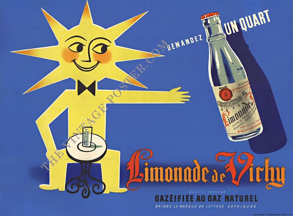 Horizontal poster with a sunshine man drinking a glass of water resting on the bistro table, a large bottole of Limonade is on the right side. Fun and bright upllifting design.