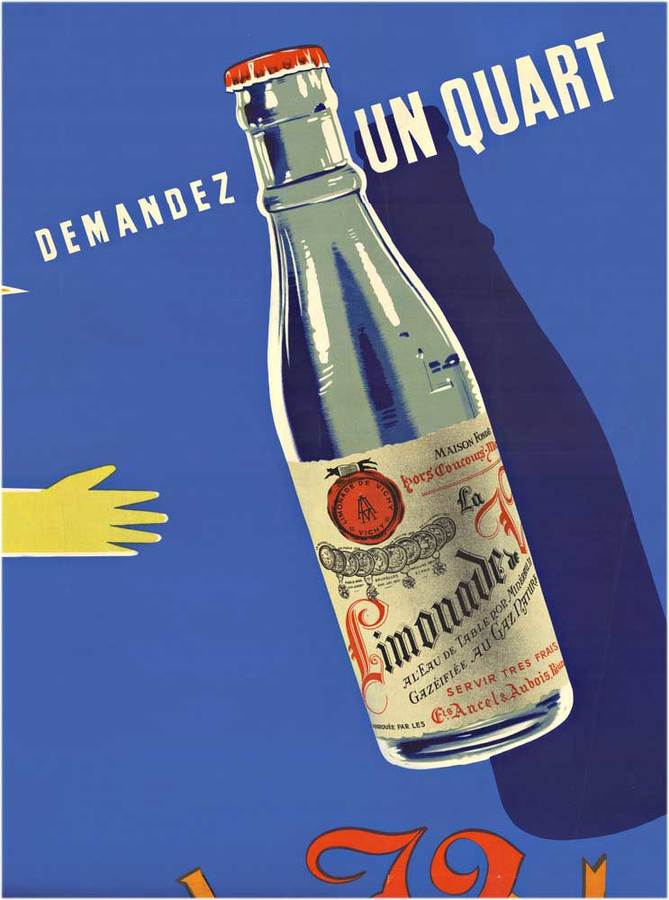 Horizontal poster with a sunshine man drinking a glass of water resting on the bistro table, a large bottole of Limonade is on the right side. Fun and bright upllifting design.