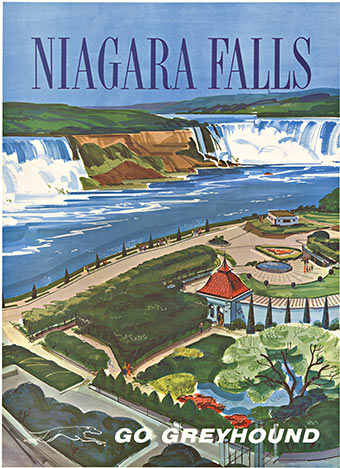 Original, archival linen backed, excellent condition lithograph: "NIAGRA FALLS - Go Greyhound". <br>Travel aboard Greyhound's bus to visit the local and national monuments like this trip to Niagara Falls. The bus not have arrived yet because this scene