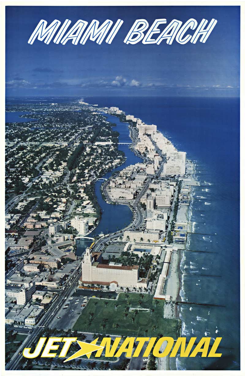 sky view of Miami Beach, shoreline, buildings, water, linen backed, original poster, rare poster, Jet National Airlines