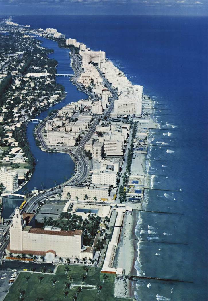 sky view of Miami Beach, shoreline, buildings, water, linen backed, original poster, rare poster, Jet National Airlines