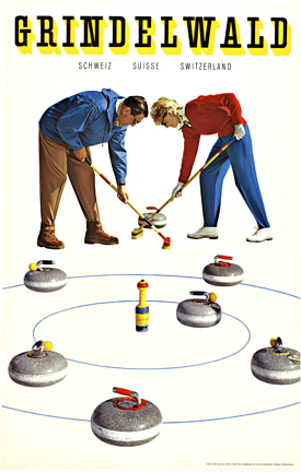 Swiss poster, Curling, sports poster, two people with brooms, linen backed, original poster, excellent condition.