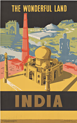 Original vintage poster linen backed, travel poster to INDIA The Wonderful Land. The center image of this poster is the Taj Mahal at Agra, India with the Qutb Minar minaret red tower in the left background.