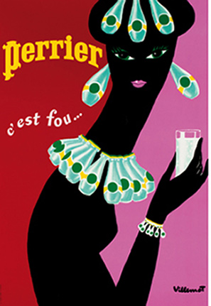 Black woman wearing a necklace, earrings, and crown of Perrier bottles. She is holding a glass of Perrier water. Striking rare contempoary linen backed poster, Simple linen backing. Famous artist. Very good condition.