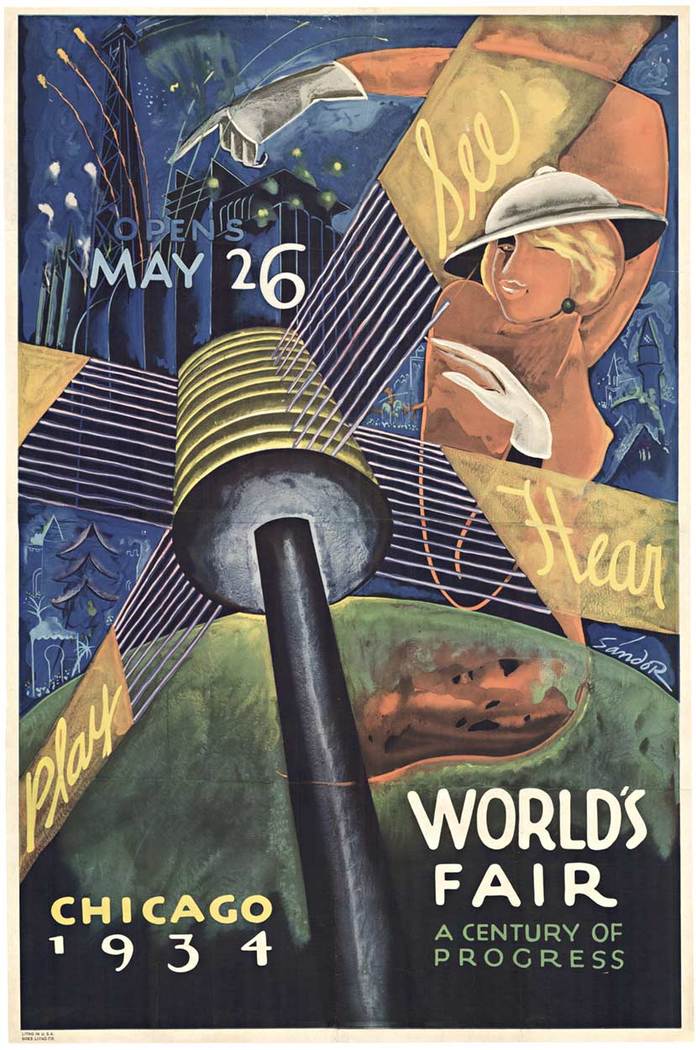 Original 1934 Chicago World's Fair "A century of progress" stone lithograph antique rare poster. Depicting the variety of possibilities offered at the fair. The event was extended in 1934. An exciting and colorful poster for the 1933/34 Chicago World's