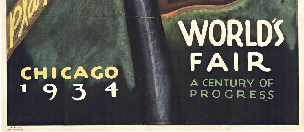 Original 1934 Chicago World's Fair "A century of progress" stone lithograph antique rare poster. Depicting the variety of possibilities offered at the fair. The event was extended in 1934. An exciting and colorful poster for the 1933/34 Chicago World's