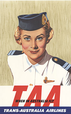She looks like a Pan Am stewardess in this rare poster for Trans Australia Airlines poster. We believe this to be the only one that survived.