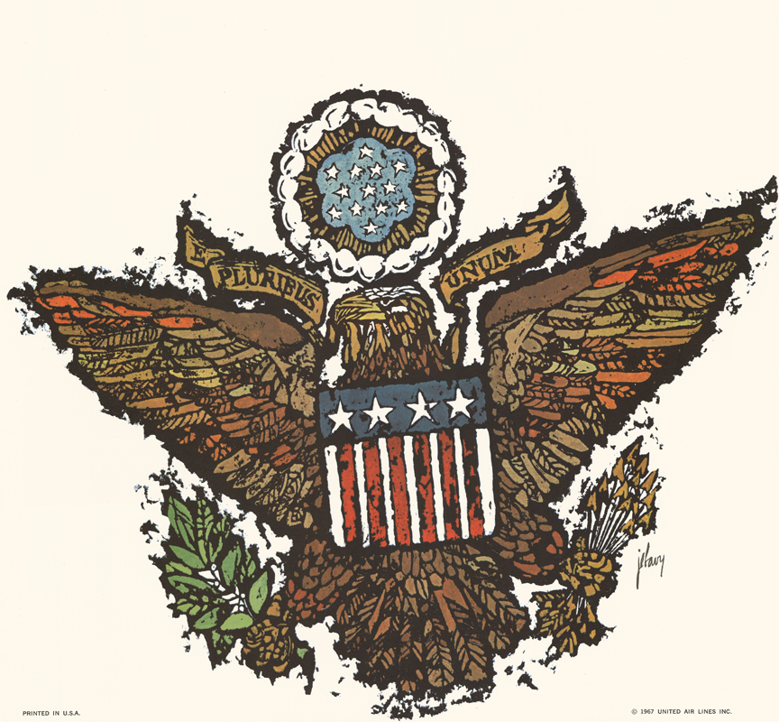 Original linen backed travel poster on United Air Lines to Washington D. C. The image features the Presidental seal (the great seal) of the United States below the text. Maybe this way you can visit the oval office from the privacy of your home! Ex