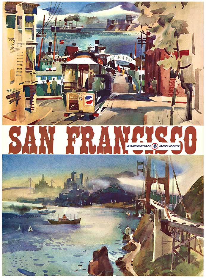 Original poster, travel poster, American Airlines poster, San Francisco, linen backed, excellent condition.
