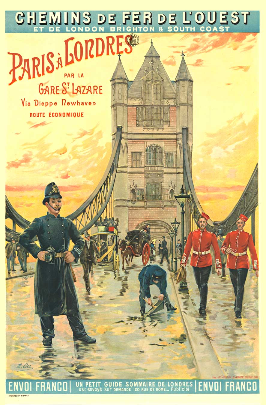 1890’s travel poster by railroad from Paris to London, horse and carriages, bellboys, towerbridge, London, rare poster