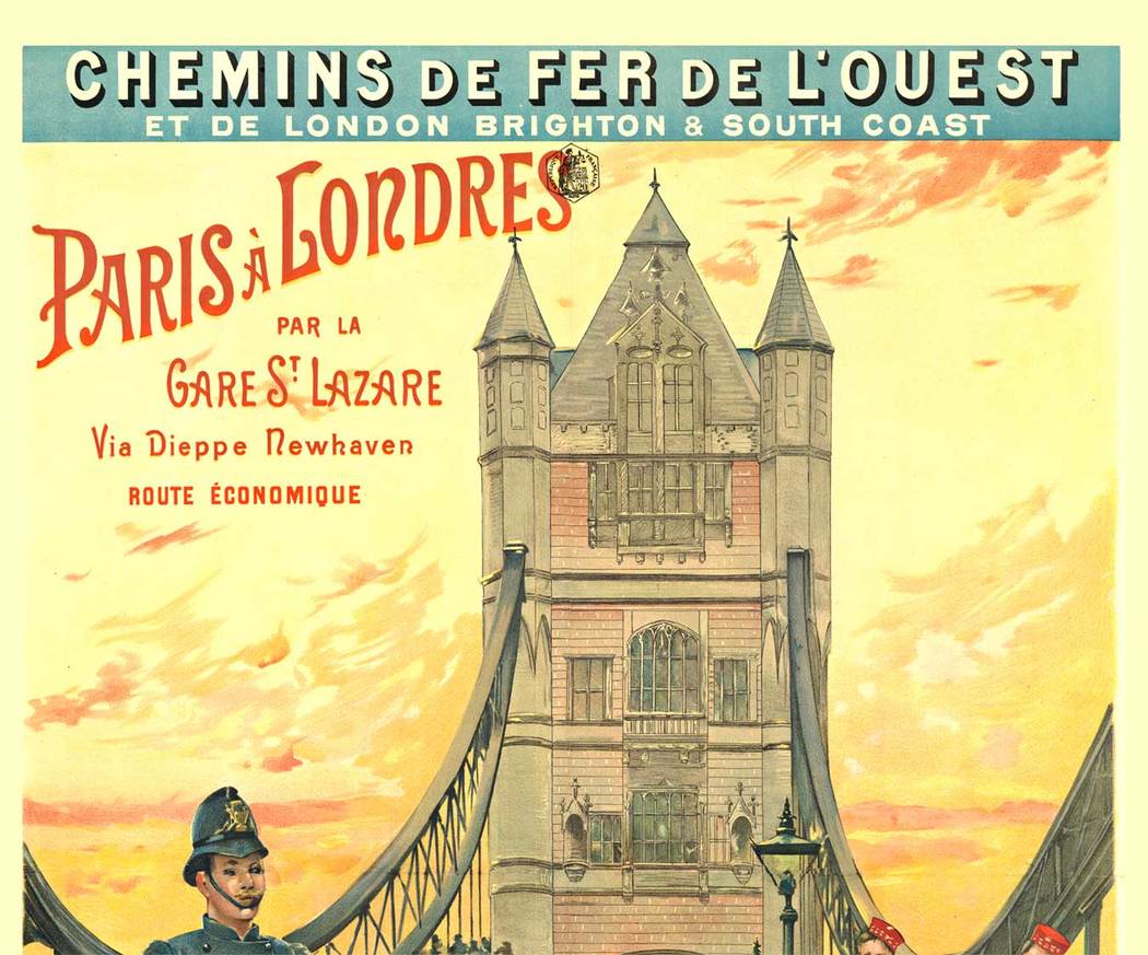 1890’s travel poster by railroad from Paris to London, horse and carriages, bellboys, towerbridge, London, rare poster