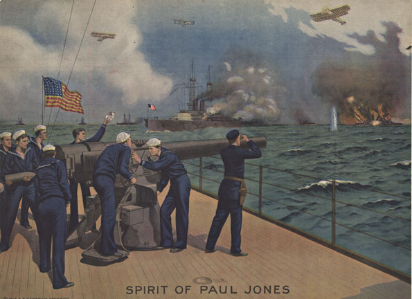 Linen backed horizontal poster from 1918; SPIRIT OF PAUL JONES. This World War 1 time frame image shows a group of sailors aiming a big gun on a ship; with some of the seamen preparing the shell for the 'big gun'. Several biplanes are shown in the sk
