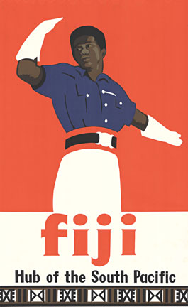 black man holding up his hand, earing white gloves, visit Figi. Original poster, excellent conditon, linen backed.