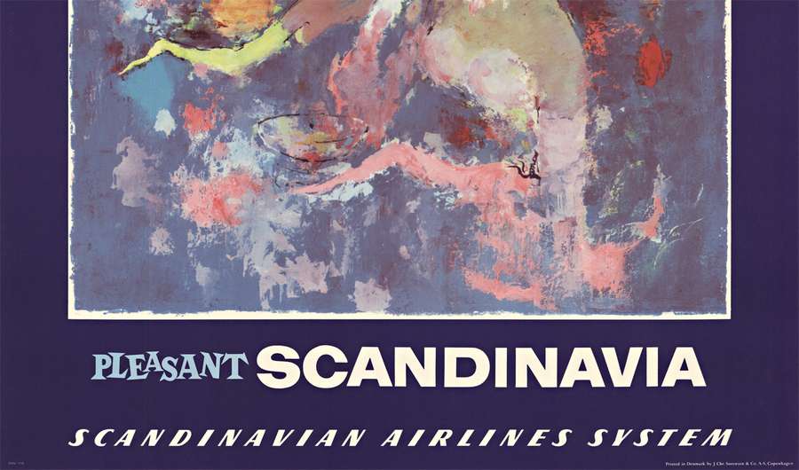 Orignal linen backed travel to Scandinavia on SAS Airlines. Excellent condition antique poster ready to frame. The poster features an image of an elegant lady surrounded by people with sailing boats in the background. <br> <br>No restoration, excellen