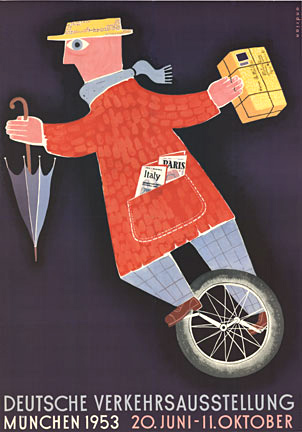man on a unicycle, German poster, package, umbrella