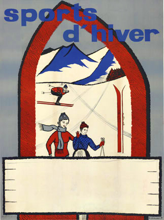 skiiing poster, linen backed, wo people skiing cown the hill, skiis, winter sports