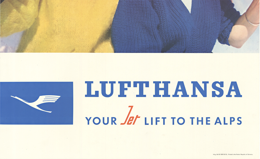 2 women with skiis, mountain side, Lufthansa and their logo, liinen backed, original poster, fine condition.