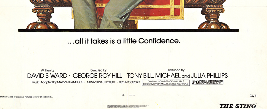 Original, U.S. one sheet theater poster, archival linen backed and ready to frame: <br>The Sting, the classic 1974 George Roy Hill gambling con men crime comedy ("...all it takes is a little Confidence."; "Written by David S. Ward"; Best Director & Best 