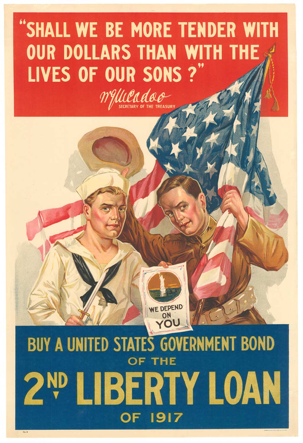 Two military men holding a flag,. On Navy, one US Army. Mint condition, original WW1 poster, liberty loan, linen backed,