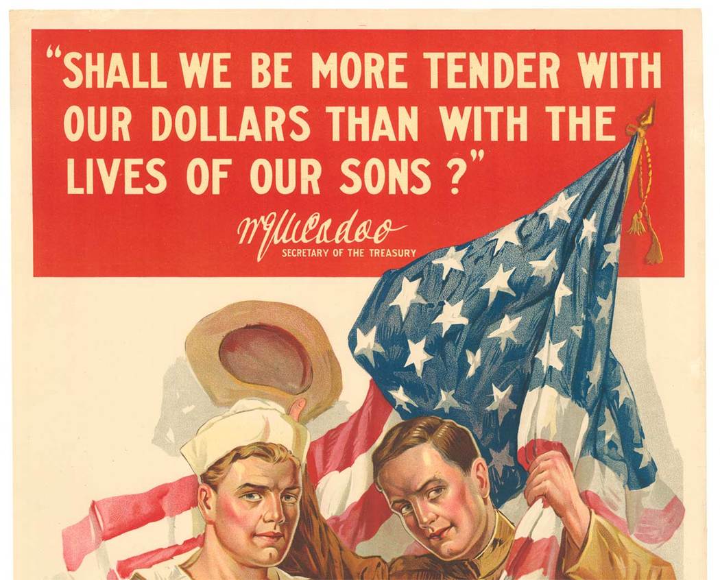 Two military men holding a flag,. On Navy, one US Army. Mint condition, original WW1 poster, liberty loan, linen backed,