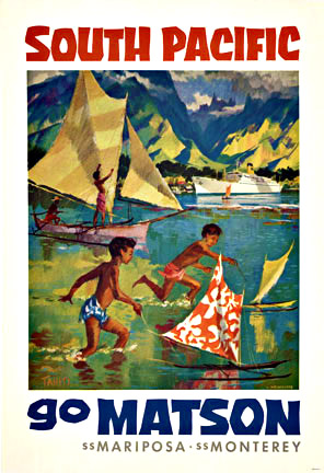 south pacific scene, children in the water, old fishing boad, ship, tropical waters, mountain background, original poster, authentic poster, poster art, children playing. Small format