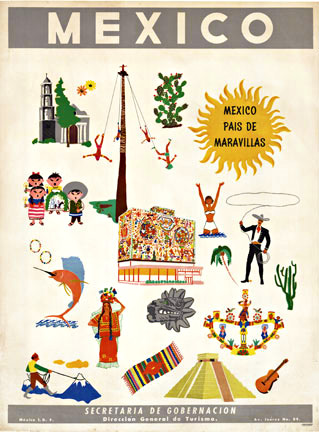 travel poster for Mexico, features monuments, people, culture, singers, fishing, linen backed original poster for sale