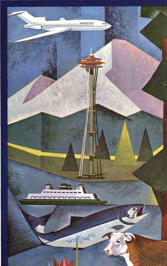 Origiinal, linen backed, Visit Washington State - Diamond Jubilee vintage poster (1889 - 1964), excellent condition. This poster would be produced prior to the year of the 75th Anniversary. Like most all American posters printed in this time frame, 