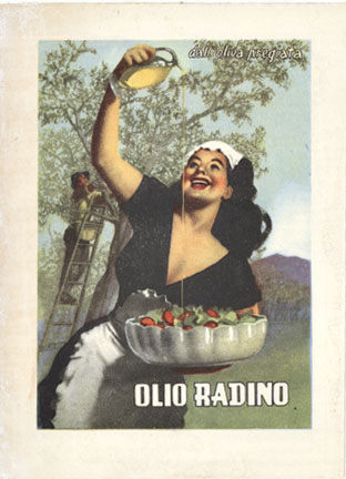 Beautiful italian woman pouring olive oil on her salad she prepared for her man.