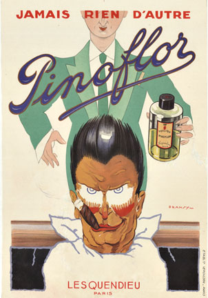 Angry looking guy getting his hair did. Small format French poster, excellent for a powderroom. Man in a barber shop.