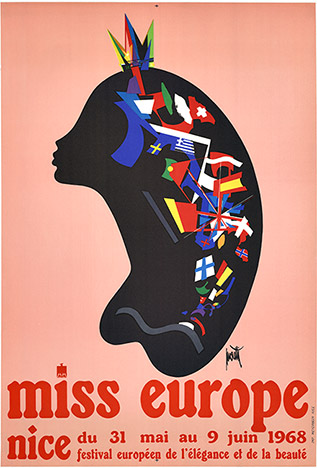 Original, archival linen backed 'MISS EUOPE", Nice, France, 31 Mai to 9 June 1968. This original lithograph features the black silhouette of a woman with a multicolor crown; while the various flags of Europe make up her hair. This was an European fe