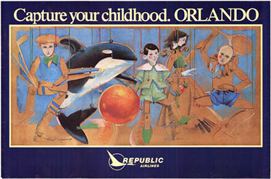 travel poster peple, music, ball, birds, Republic Arlines