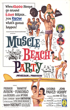 A movie poster for Muscle Beach Party with Frankie Avalon US 1 sheet, linen bavcked, antique poster, vintage original. Muscles.