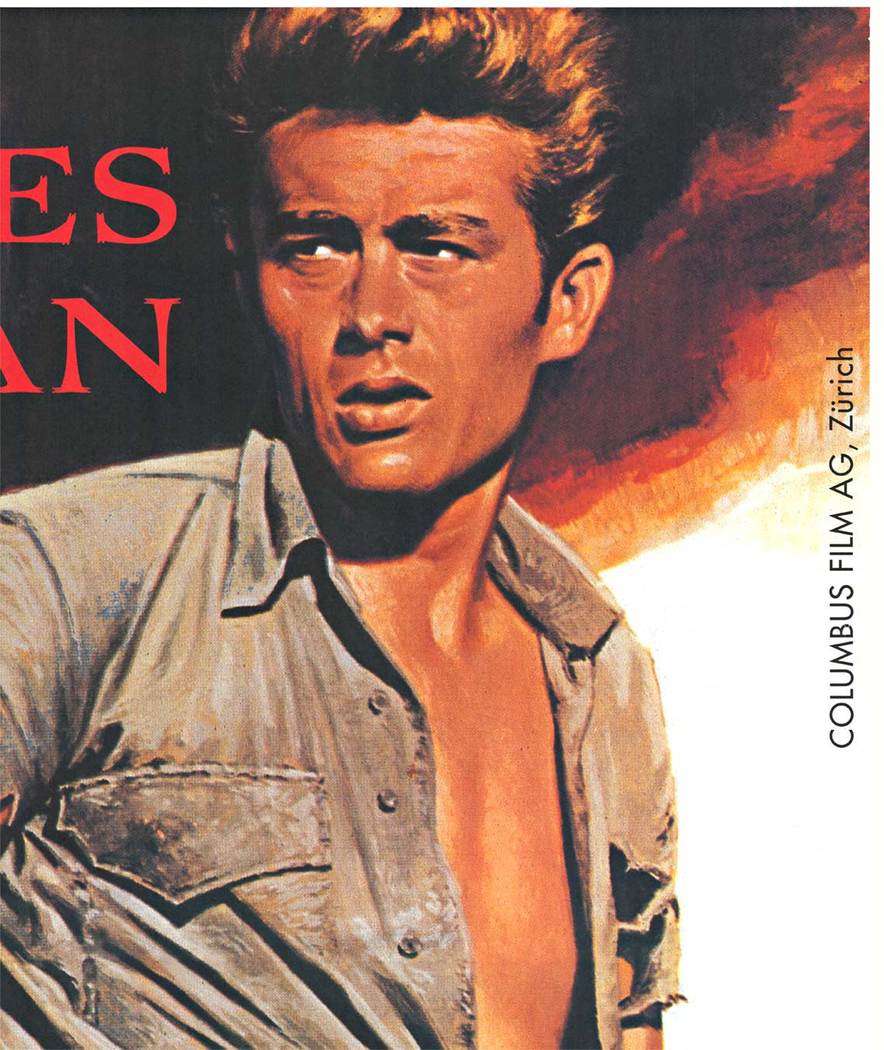 James Dean with his shirt 1/2 open, Swiss size movie poster, linen backed, fine condition,