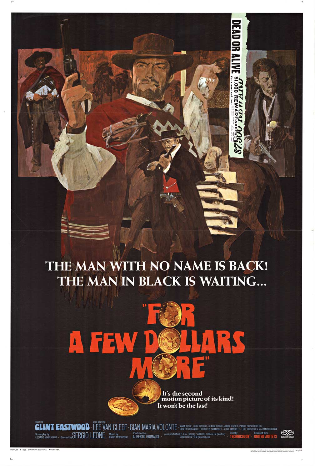 Original, professionally linen backed US one sheet movie poster with the original fold marks restored: <br>FOR A FEW DOLLARS MORE 1sh '67 Sergio Leone's Per qualche dollaro in piu, Eastwood!